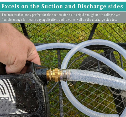 Clear Wire Reinforced Suction Hose 2 In ID X 2-5/16 In OD 10 Ft connected to a black pump, showing durability and flexibility in use.