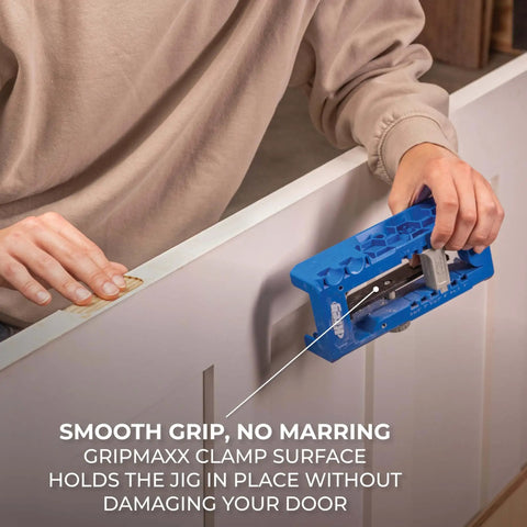 Person using Adjustable Door Hinge Routing Jig With Depth Guide For Precise Mortises And Accurate Latch Routing on door edge.