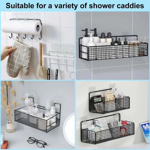 Various shower caddies displaying toiletries, paper towels, and accessories in a tiled bathroom setup for organized storage.