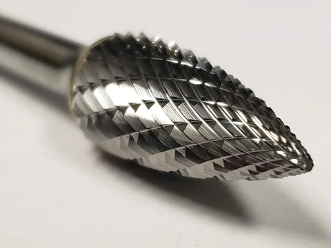 Close-up of Half Inch SG-5 Pointed Tree Bur Double Cut Solid Carbide Rotary Tool Bit showing intricate cutting edges.