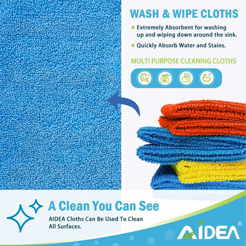 Pro Grade Heavy Duty Microfiber Cleaning Cloths 800 Pack Ultra Absorbent Rags shown stacked in blue, orange, yellow for multi-use cleaning
