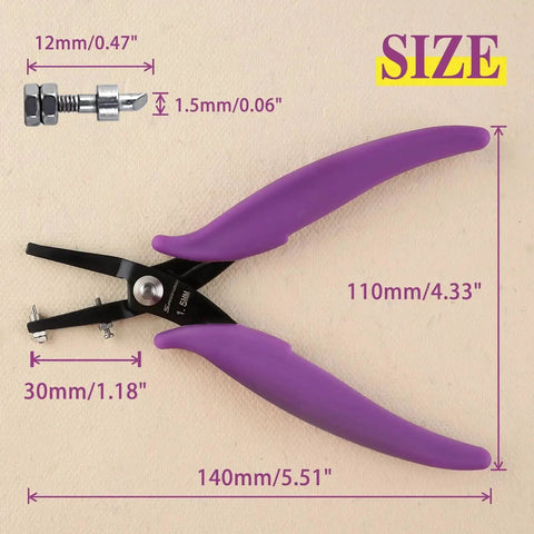 1.5mm Round Hole Punch Pliers For Soft Sheet Metal with purple ergonomic handles and long jaws for jewelry making, dimensions shown.
