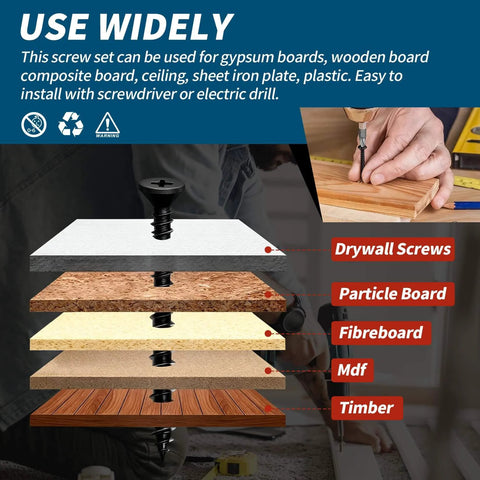 Wood Screws Assortment Kit, 190 High Hardness Pro Grade Drywall Screws With Phillips Drive and Flat Head for various materials