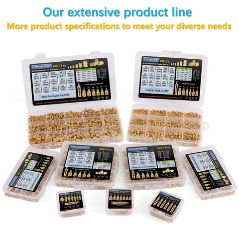 7 Piece Soldering Tips And Heat Set Insert Kit For Thread Inserts M2 To M8 Soldering Iron Adapter For 900M T18 FX 888D Budget Friendly Plastic 3D Printer Tools Set displayed in plastic cases showing various brass inserts.