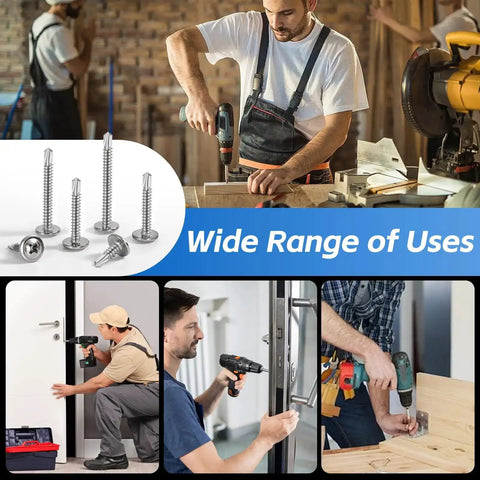 Stainless Steel Workhorse Self Drilling Screws Kit With Number 8 Truss Head Self Tapping Screws For Sheet Metal Auto And Roofing 200 Piece Assortment Includes Half Inch To One And A Half Inch Sizes Durable Corrosion Resistant Fasteners shown with workers using tools
