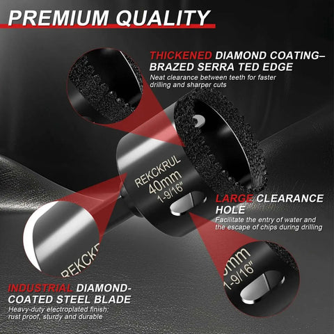 Close-up of Diamond Hole Saw Set 10 Pieces Serrated Brazing Core Drill Bits REKCKRUL showing diamond coating and serrated edge.