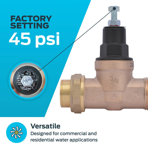 Cash Acme 3/4 in EB45 single union pressure regulating valve, brass body, black adjustment knob, 45 psi
