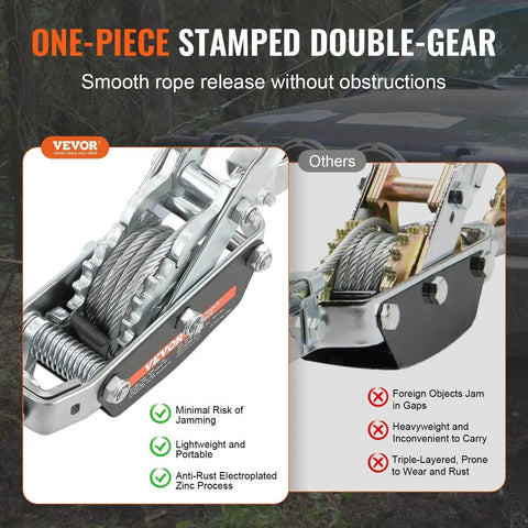 Close-up of Five Ton Come Along Winch With Eleven And A Half Foot Steel Cable Dual Gear Heavy Duty Ratchet Puller For Vehicle Rescue.