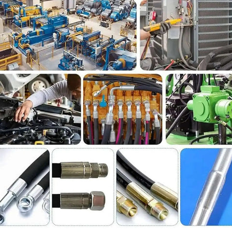 Collage of a Portable Hydraulic Hose Crimping Tool Kit With 8 Die Sets used in industrial and automotive settings.