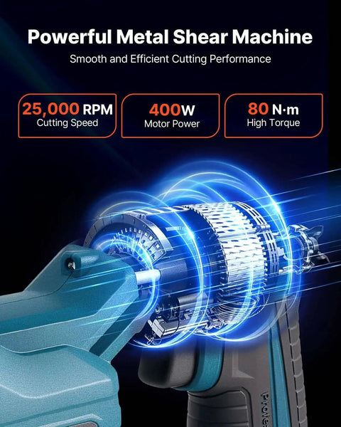 Workhorse Cordless Sheet Metal Cutter With 360 Degree Pivoting Head and Double Blades highlighted features and specs