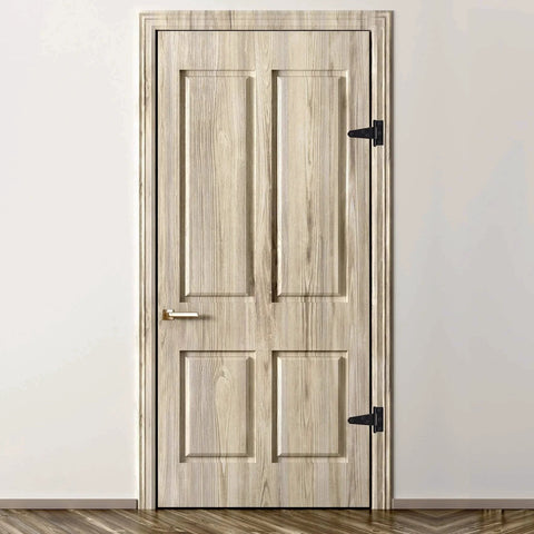 Matte black T-strap hinges on wooden door, showcasing 10 Pack 2 Inch Matte Black T Strap Shed Hinges For Barn Doors And Gates Heavy Duty.