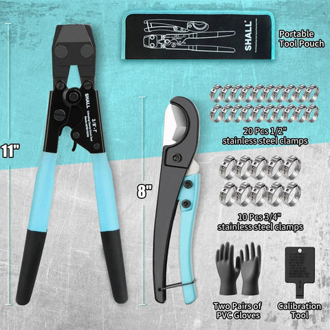 Pex Crimping Clamp Cinch Tool And Pipe Hose Cutter Kit That Is Handy And Meets ASTM F2098 For Three Eighths To One Inch Stainless Steel Clamps Includes Twenty Half Inch And Ten Three Quarter Inch Clamps With Storage Bag, tools and clamps displayed.