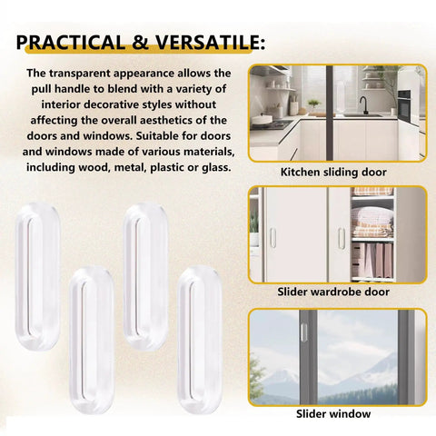 Four Clear PU Self Adhesive Recessed Finger Pulls 7.5x2.5 Cm Oval Sliding Door Handles for kitchen, wardrobe, and window use.