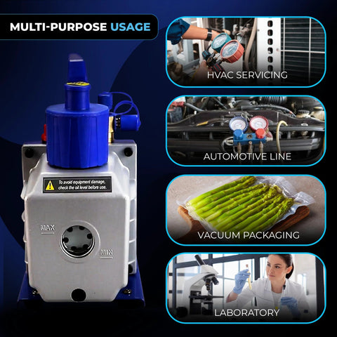 Hiatsu 7 CFM vacuum pump for HVAC and automotive AC, 1/2 HP, 110V 60Hz, blue and gray unit
