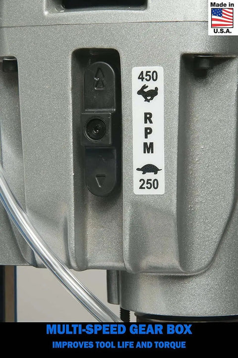 Close-up of multi-speed gearbox on Workhorse Magnetic Drill With Coolant Bottle And Two Speed 115V For Precise Holes, Hougen HMD905.