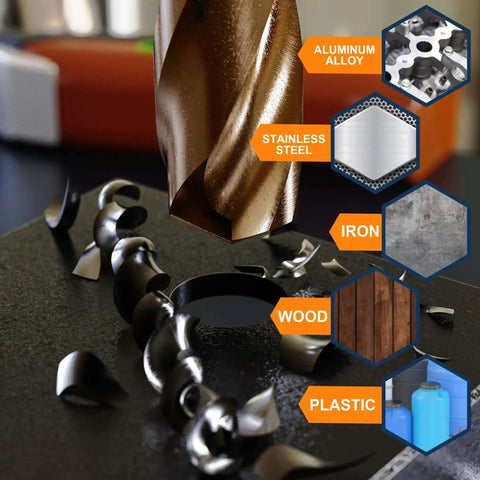 Close-up of a Cobalt Drill Bit Set For Hardened Metal M35 Cobalt Steel HSS 20 Piece Jobber Length drilling into various materials.