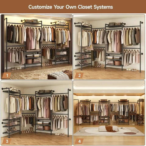Wall Mounted Garment Rack with Four Expandable Rods and Eight Adjustable Shelves in Black Metal for Walk-In Closets