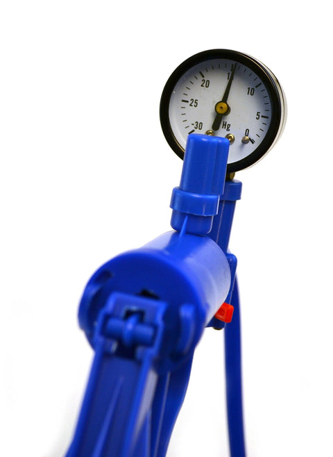 Blue handheld vacuum pump with gauge and 19.5-inch tube, angled front view, Amazon BISS