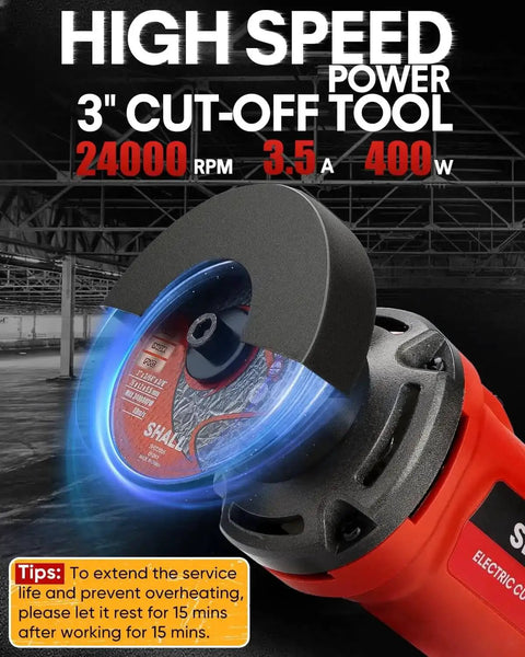 High speed power tool with 3-inch cut-off wheel, 24000 RPM, and 3.5A motor for metal cutting, featuring safety tips for overheating prevention.