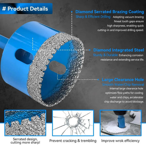 Close-up of serrated brazed core bit from Diamond Hole Saw Drill Bit Kit 11 Piece Set for ceramic, glass, marble, and granite.