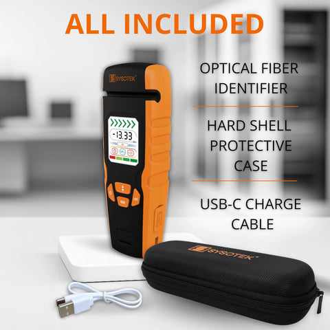 Optical fiber identifier OFI handheld tester by Sysotek in orange/black with display, USB-C charge cable and case
