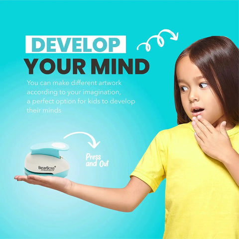 Child holding a circle punch with text 'Develop Your Mind' and instructions for use against a blue background.