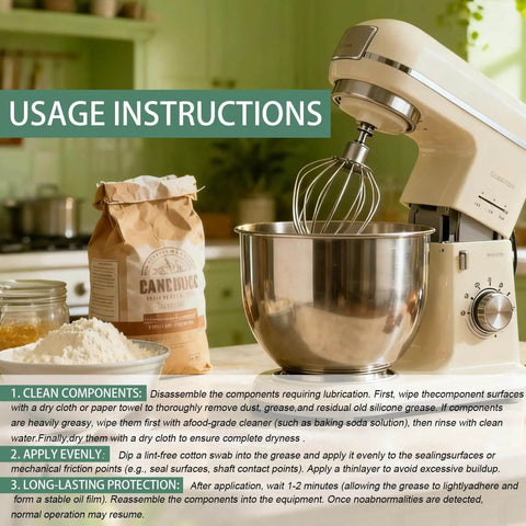 Stand mixer with stainless steel bowl using Food Grade Grease For Kitchen Appliances 5 Oz Bottle NSF H1 Accredited Lubricant in kitchen.