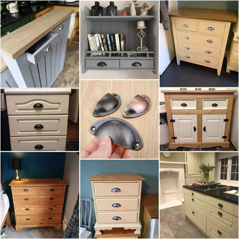 Collage of furniture using 10 Pack Cup Pulls Cabinet Hardware 3.23 by 1.38 Inches with 2.56 Inch Center to Center Holes Brushed Red Copper.