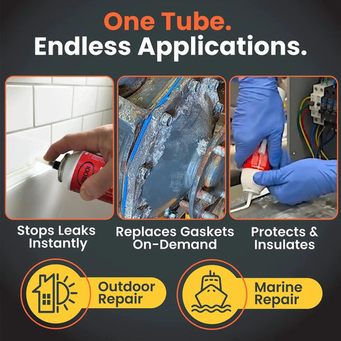 Industrial RTV Silicone Gasket Maker Sealant with auto dispensing nozzle used on tiles, machinery, and plumbing applications.