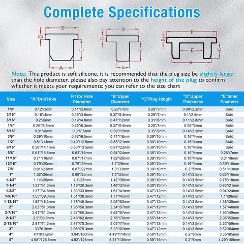 Specification chart for set of 6 white silicone rubber plugs for 30 to 31 mm round holes with dimensions and fit details.