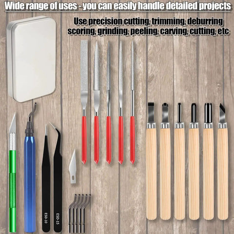 Go To 25 Piece Precision Deburring Kit with craft knife, hand file, carving tools, tweezers, in metal case on wood surface