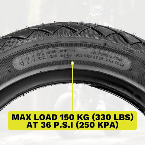 Close-up of Tubeless 3.0-10 E-Bike Tire Kit with load capacity marking, puncture-resistant 4PR tire for urban pavement, no inner tube needed.