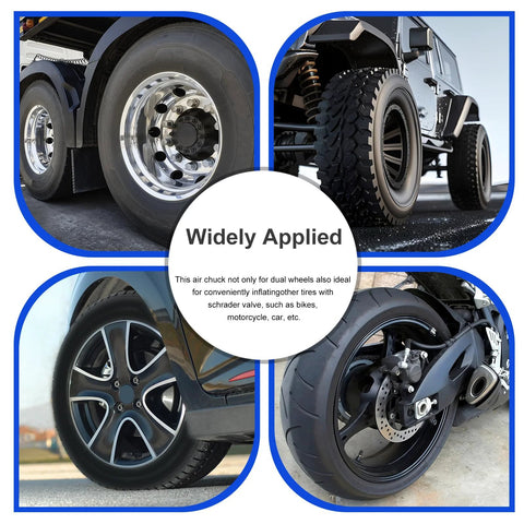 UHARBOUR tire pressure gauge collage showing truck, car, motorcycle, and RV tires with blue frames