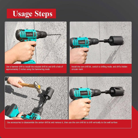 1.5 Inch Dry Core Drill Bit With Pilot Bit And SDS Plus Adapter, 3 Inch Drilling Depth, usage steps on concrete wall