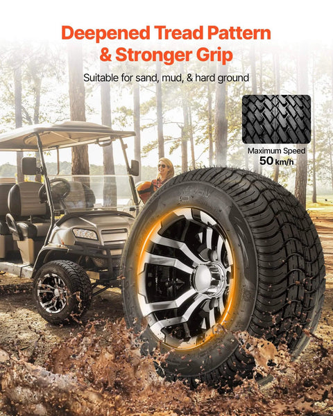 Golf cart with four 205/50-10 wheels, 10 inch aluminum alloy rims, beefy 4 ply rubber, showing tread pattern and all-terrain use