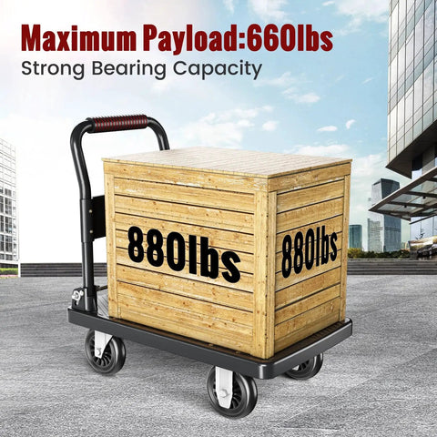 Upgraded Foldable Push Cart Dolly With 780 Lb Capacity And 360 Degree Swivel 5 Inch PU Wheels transporting a crate