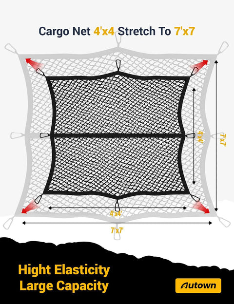 Stretchable Cargo Net for Pickup Truck Bed 4x4 to 7x7 with 1x1 fine mesh, showing elastic design and dimensions.