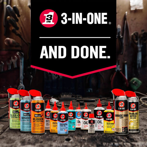 Assorted 3-IN-ONE lubricant products displayed on a workshop bench, showing various formulas for multiple applications.