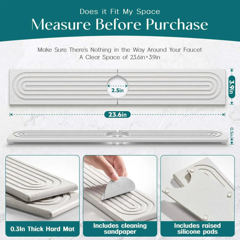 Diatomite Stone Kitchen Sink Mat And Splash Guard For Moisture Absorption, 23.6x3.9 inches, with cleaning sandpaper and silicone pads.