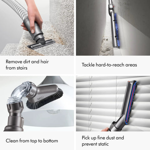 Dyson Ball Animal upright vacuum, corded 290AW, four-panel collage showing stairs cleaning, hard-to-reach areas, and dust pickup.