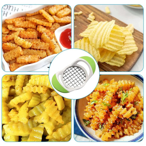 Potato fries in various crinkle shapes next to Effortless 1 Pack Potato Fries Cutter With 304 Stainless Steel Blades Handheld French Fry Slicer For Uniform Potatoes Carrots Cucumbers And More Easy Grip Ergonomic Design By Aoserge
