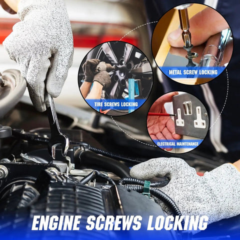 Mechanic using wrench with Dual Pack Blue And Red Thread Locker for nuts bolts and metal fasteners on car engine