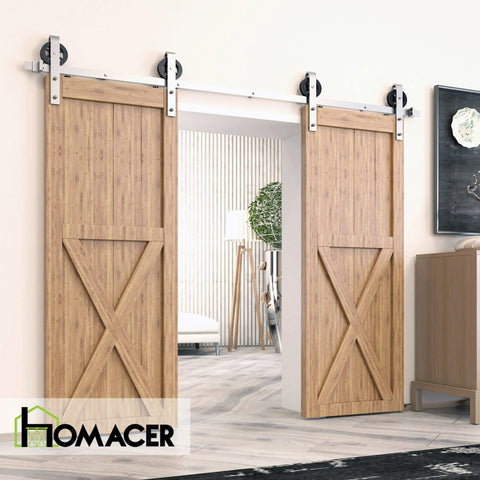 Brushed Nickel Sliding Barn Door Hardware Kit For Double Doors 7 Foot Flat Track Spoke Wheel Rollers Heavy Duty Interior Use
