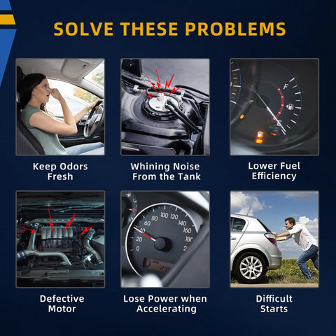 Image showing automotive issues like odors, fuel gauge, noise, and engine problems related to fuel pump in Ford and Lincoln models.