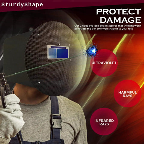 Ultralight Pancake Welding Hood With 10oz Carbon Fiber Panels For Pipeline Welders, showing protective carbon panel and eye shield.