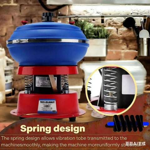 Three Point Five Liter Vibratory Rock Tumbler For Jewelry Polishing Electric Shaker Bowl with spring design on a workbench