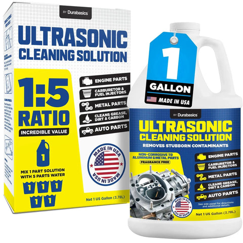 Durabasics Ultrasonic Cleaning Solution bottle and box, 1 gallon, automotive parts cleaner