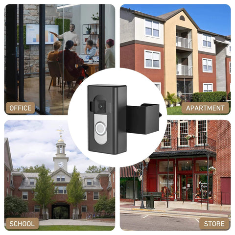 Collage showing No Drill Anti Theft Video Doorbell Mount with images of office, apartment, school, and store for inward swing doors