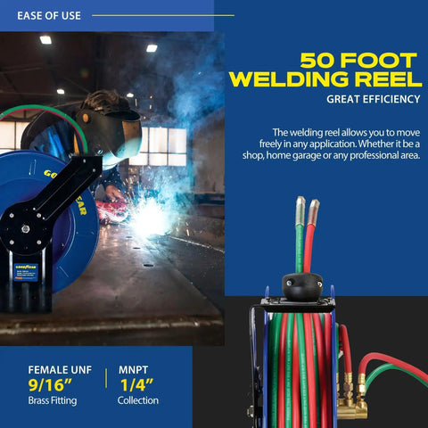 Retractable Welding Hose Reel With Twin Oxygen And Acetylene Rubber Hoses Heavy Duty Steel Arm Three Hundred PSI Rating Quarter Inch By Fifty Foot Industrial Standard Duty in use in a workshop.