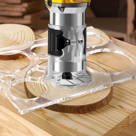 Pro Grade 13 In 1 Router Template Kit For Woodworking with clear acrylic circle inlay template set on wooden surface